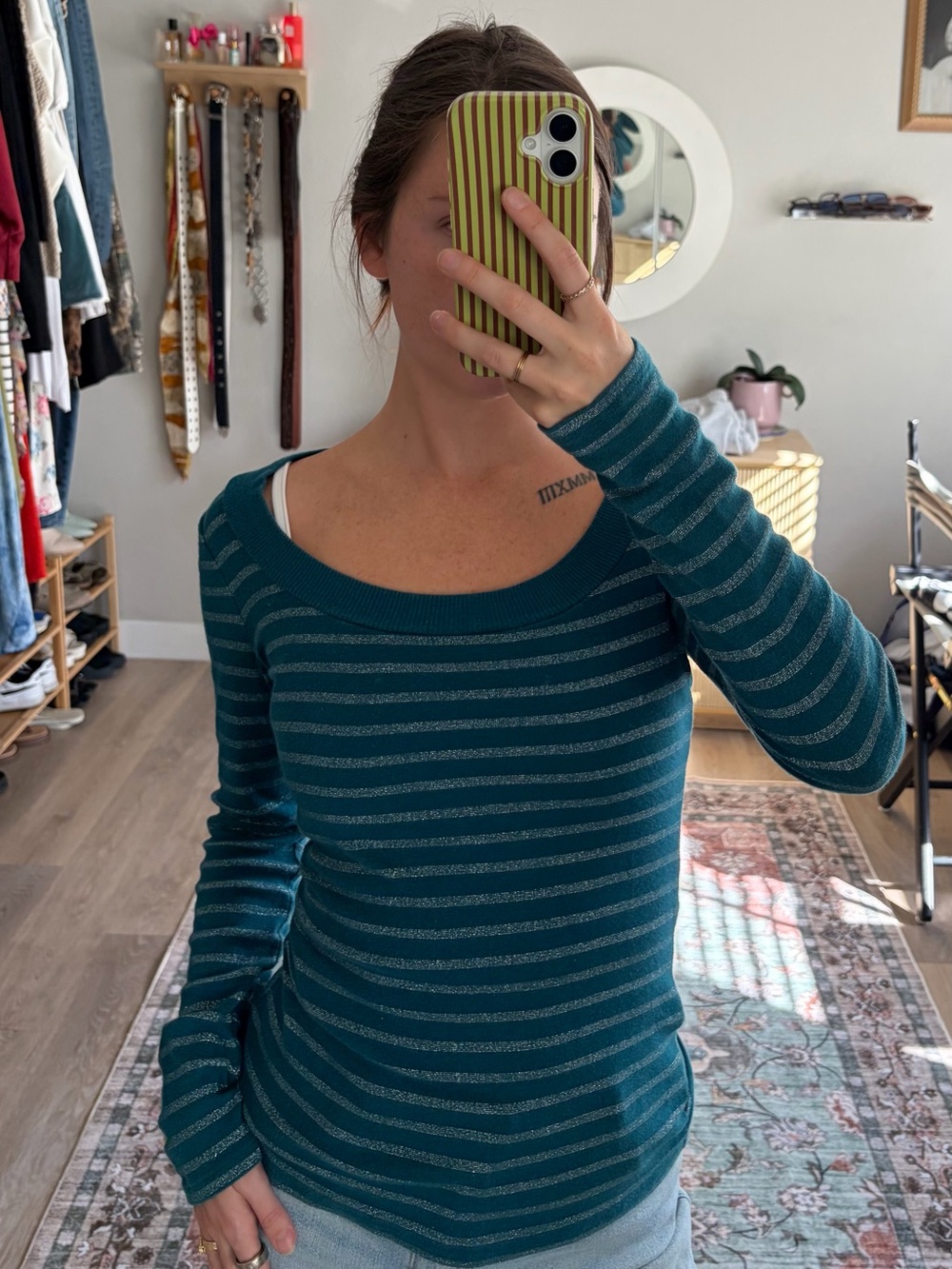 Express Teal Metallic Striped Scoop Neck Top Size S